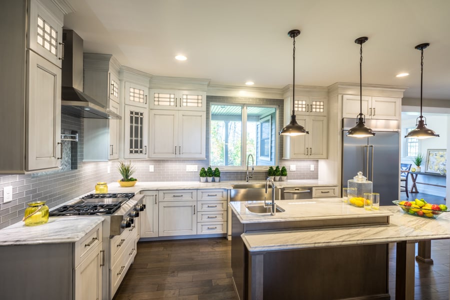 completed kitchen remodel, white cabinets and open layout